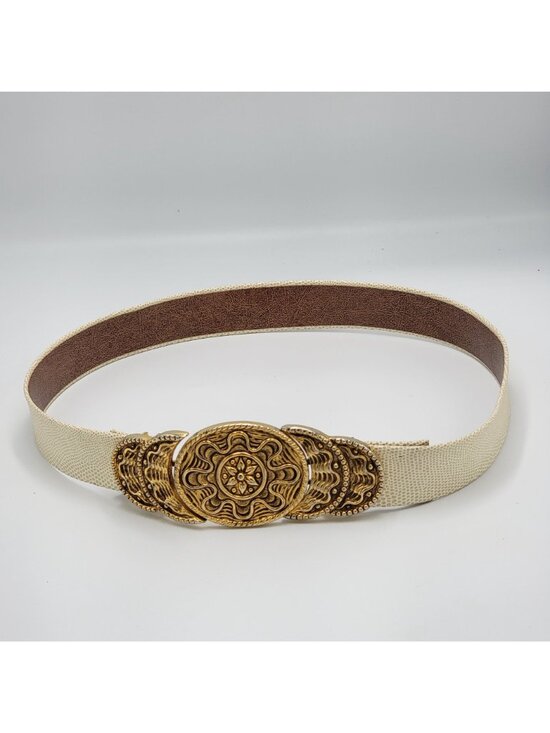 VTG 70s 80s Ornate  Gold-Tone Buckle Embossed Beige/Brown  Textured  Belt main image 11